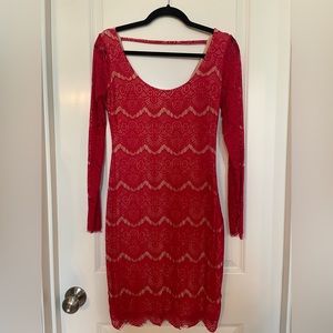 Bebe Red Lace Long Sleeve Fitted Lined Dress Sz: M